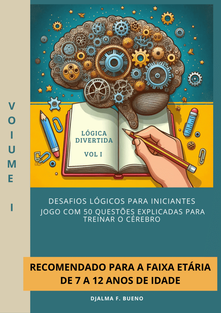 Capa colorida do livro Desafios Lógicos com ilustrações de quebra-cabeças, labirintos e símbolos matemáticos, voltada para crianças e jovens.