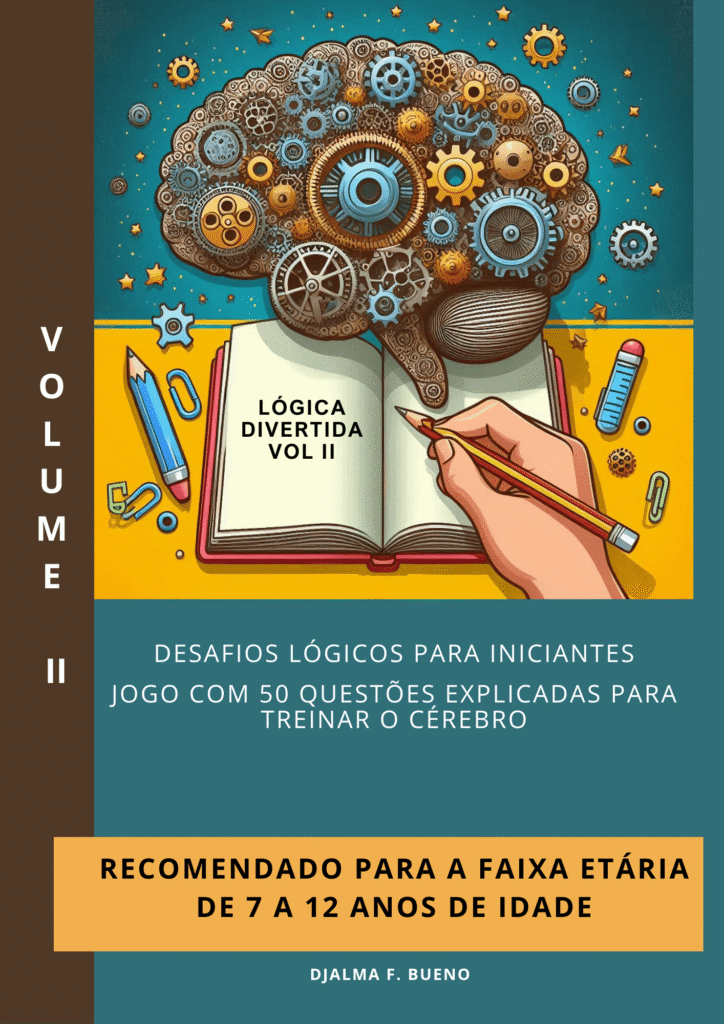 Capa colorida do livro Desafios Lógicos com ilustrações de quebra-cabeças, labirintos e símbolos matemáticos, voltada para crianças e jovens.