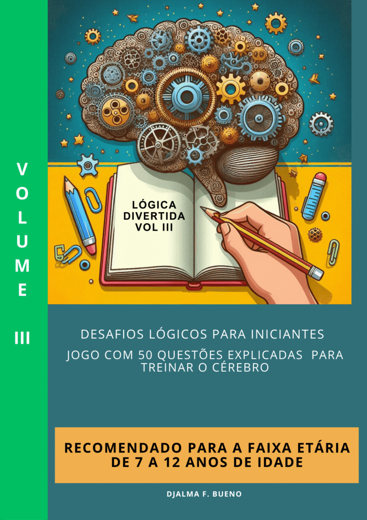 Capa colorida do livro Desafios Lógicos com ilustrações de quebra-cabeças, labirintos e símbolos matemáticos, voltada para crianças e jovens.
